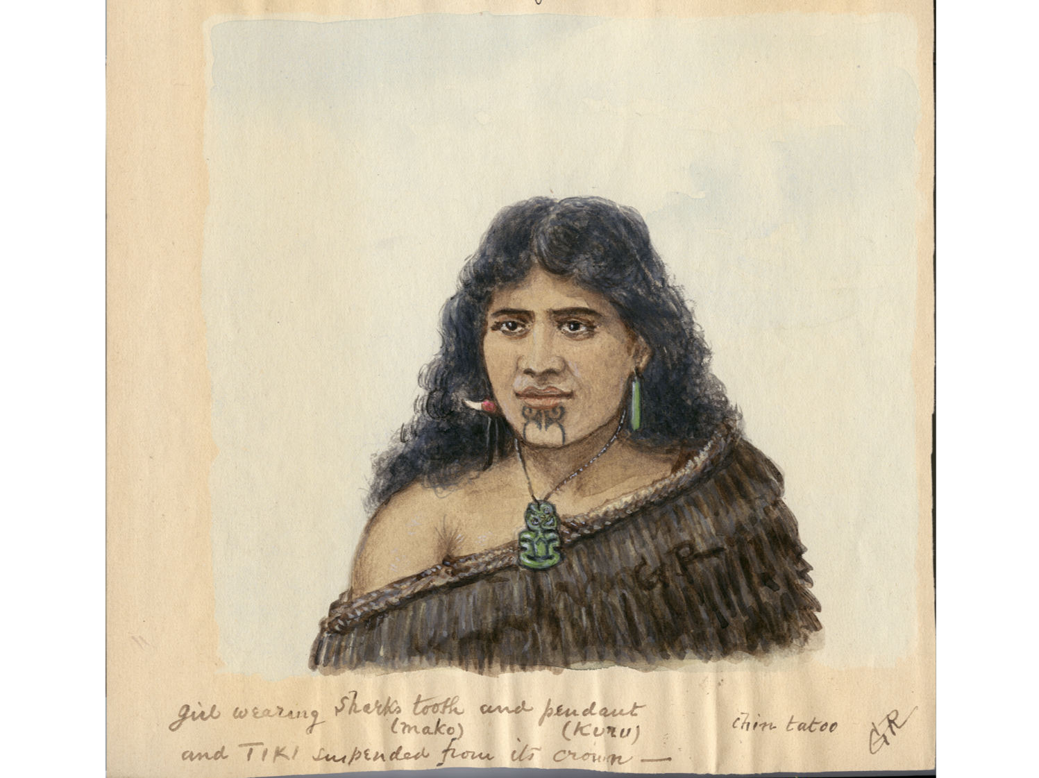 Article Image: Watercolour by H.G. Robley of a Maori lady (wearing Pounamu jewellery). Collected by Anatole von Hügel, 1914. Museum of Archaeology & Anthropology, University of Cambridge, Acc. No. D.14092.VH. Photo: MAA.